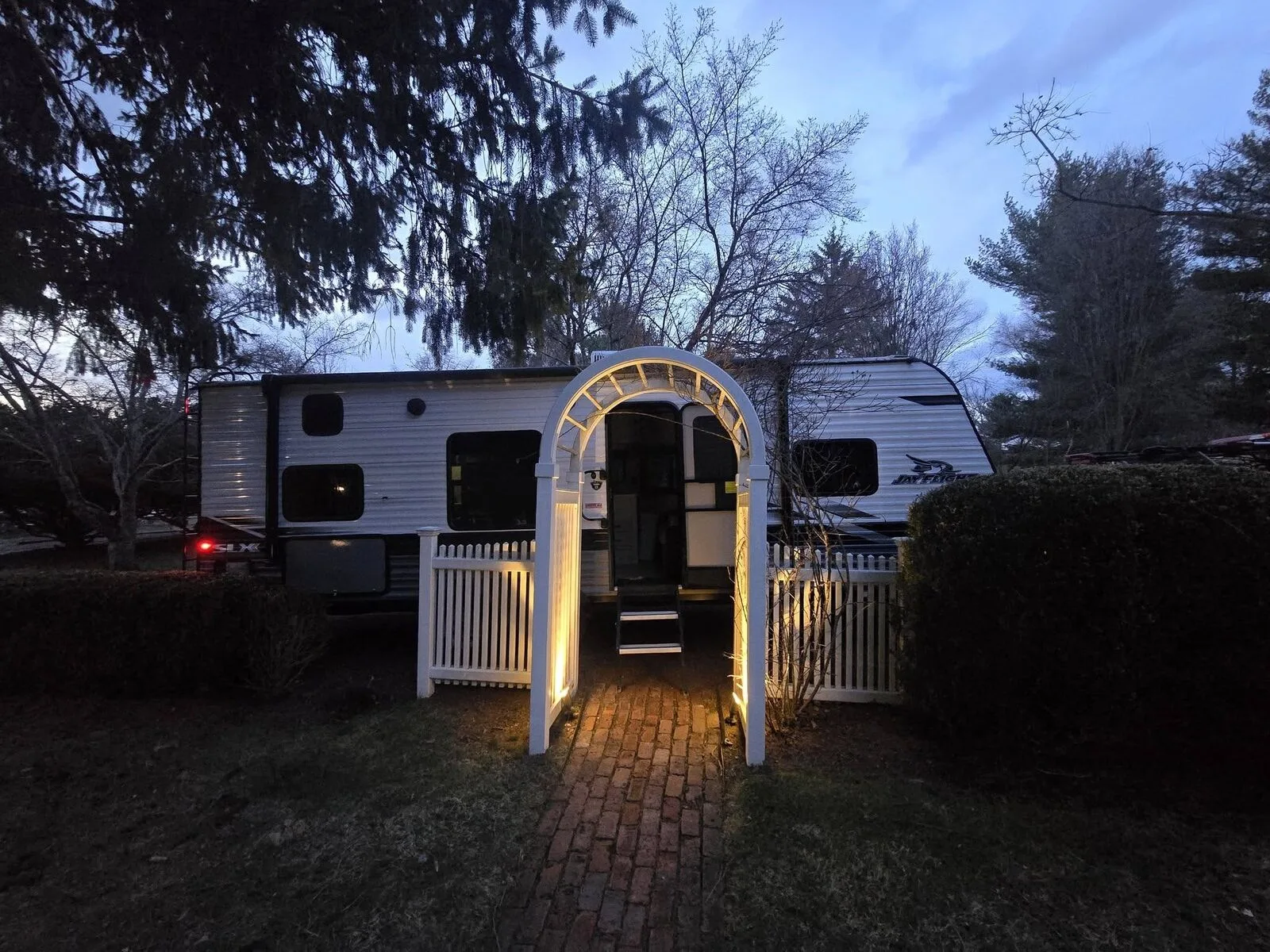 Cozy camper setup at twilight